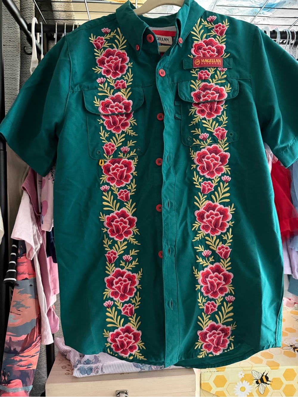 Magellan Outdoors Teal Button-Up Shirt with Pink Floral Embroidery